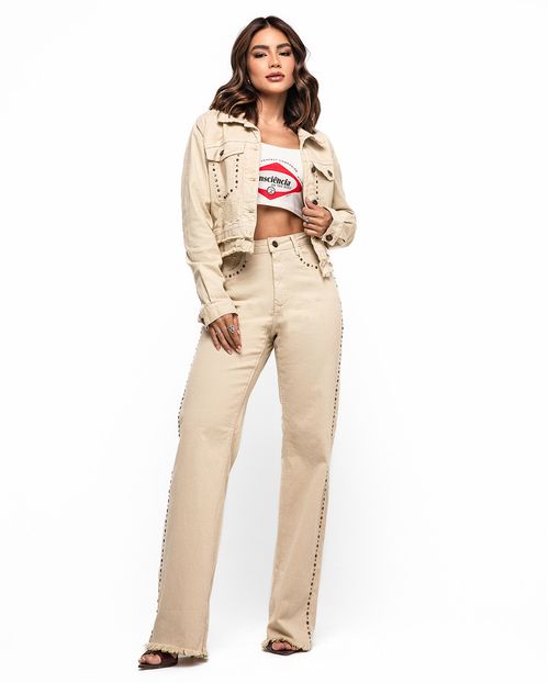 Calça Jeans Feminina Wide Leg com Aplicações Cintura Alta 24575 Caqui