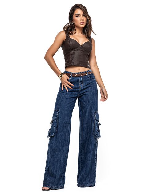 Calça Jeans Wide Leg Feminina Relaxed Cargo  24651 Escura