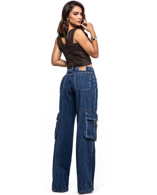 Calça Jeans Wide Leg Feminina Relaxed Cargo  24651 Escura