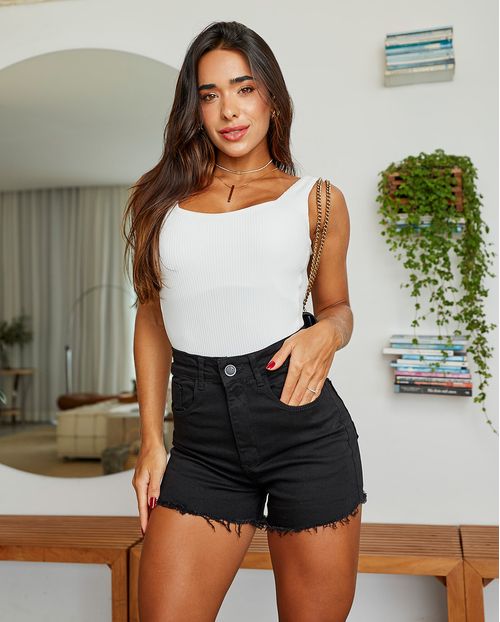 Shorts Sarja Hot Feminino Cintura Alta Barra Desfiada 00405 Preto