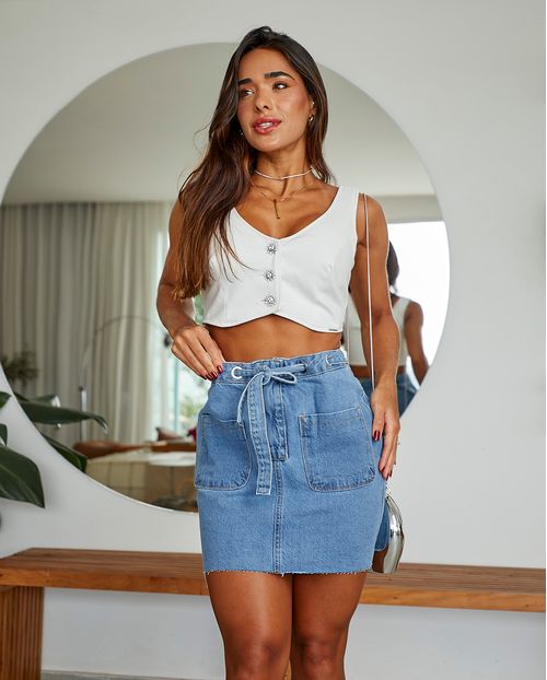 Mini Saia Jeans com Ilhos e Cinto Embutido No Cós   21665 Média