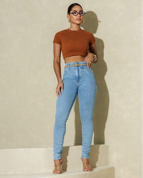 Calça Jeans Skinny Hot Feminina com Cinto P.U 24584 Sky Claro