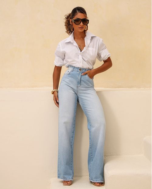 Calça Jeans Wide Leg Feminina Cintura Alta Básica sem Elastano 29034 Sky Claro