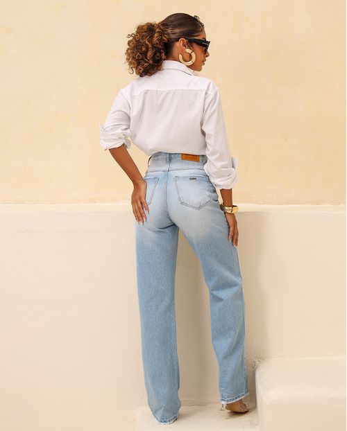 Calça Jeans Wide Leg Feminina Cintura Alta Básica sem Elastano 29034 Sky Claro