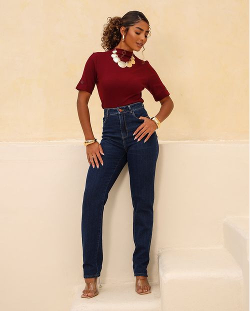 Calça Jeans Feminina Reta Básica Cintura Alta 24002 Escura