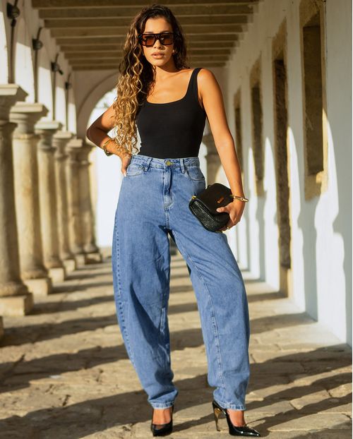 Calça Jeans Barrel Feminina Cintura Alta Básica 24375 Sky