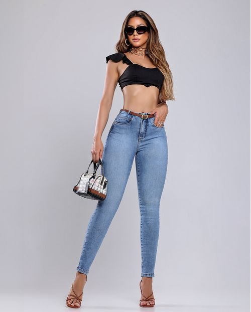 Calça Jeans Skinny Hot Feminina com Cinto P.U Cintura Alta 24620 Sky Claro
