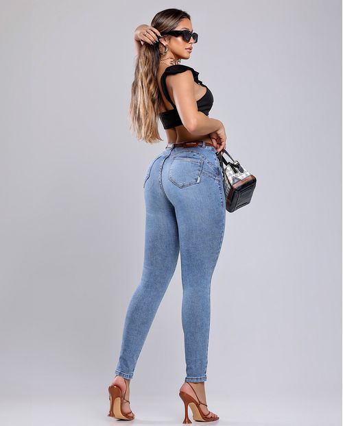 Calça Jeans Skinny Hot Feminina com Cinto P.U Cintura Alta 24620 Sky Claro