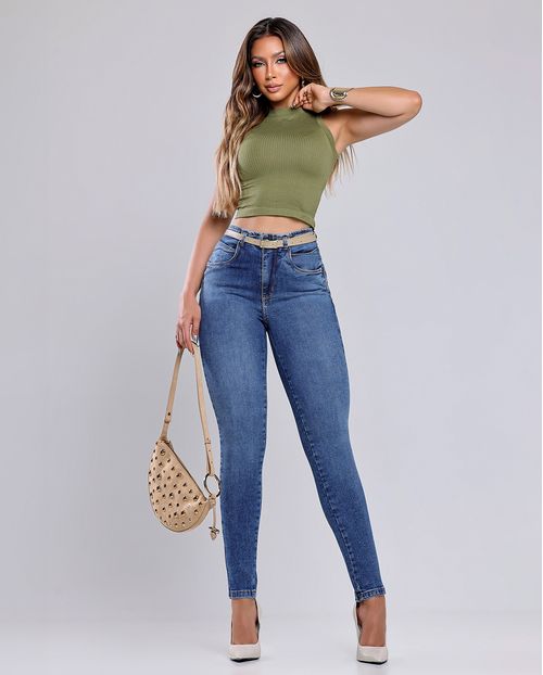 Calça Jeans Skinny Inter Feminina com Cinto P.U Cintura Média 24592 Sky Escuro