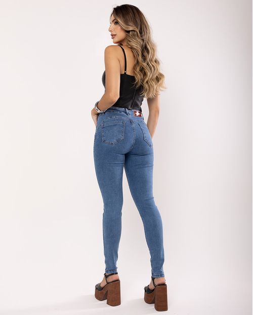 Calça Jeans Skinny Feminina Cintura Média Detalhe de Corrente 23963 Média