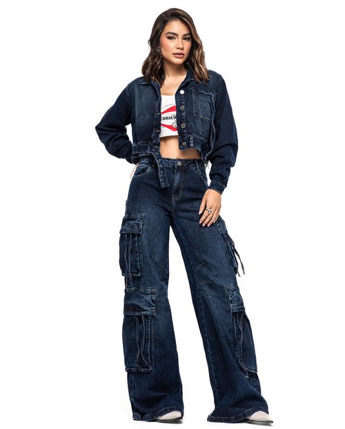 Calça Jeans Feminina Wide Leg Relaxed Cargo 24610 Escura