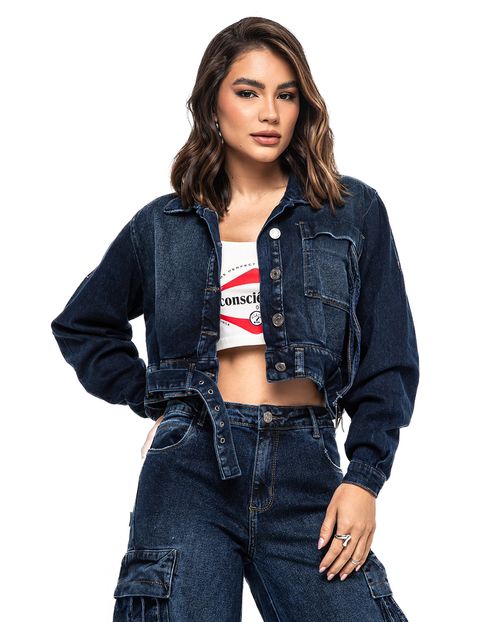 Jaqueta Jeans Feminina Cropped com Cinto 24611 Escura
