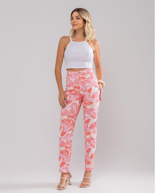Calça Feminina Mom com Elastano 22425 Estampado Rosa