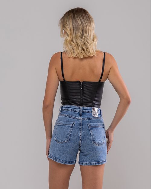 Shorts Jeans Mom Feminino Cintura Alta com Bordado Paetê 24183 Média