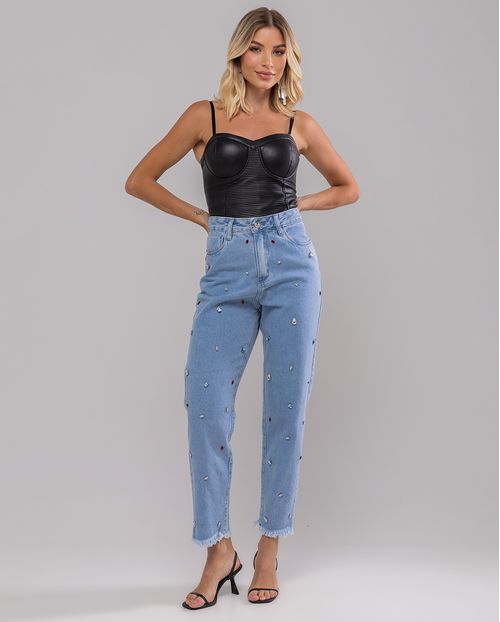 Calça Jeans Mom Feminina Cintura Alta com Aplicação e Barra Desfiada 23037 Clara