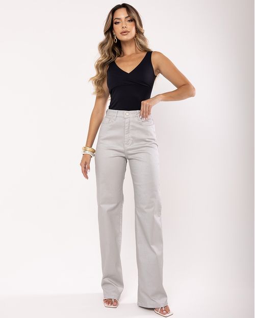 Calça Sarja Resinada Wide Leg Feminina Cintura Alta Color 22752 Prata