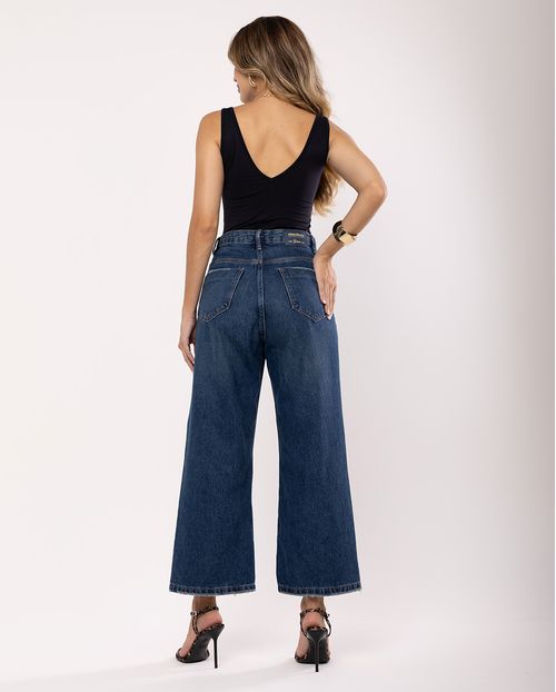 Calça Jeans Pantacourt Feminina Cintura Alta Abertura Na Barra 23663 Escura