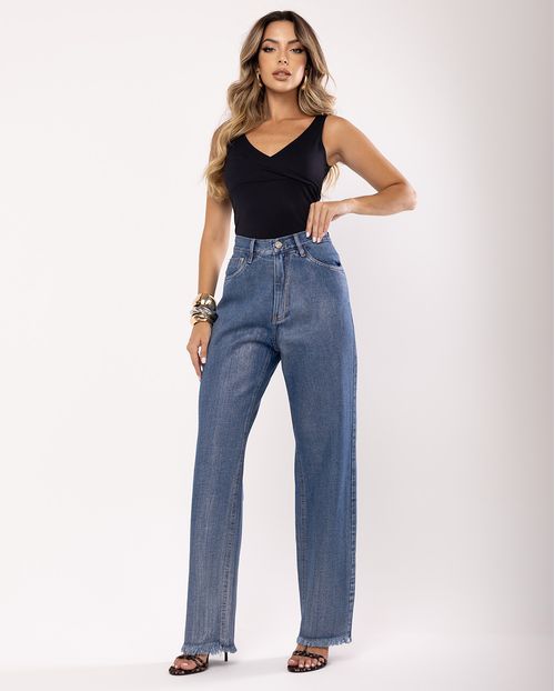 Calça Jeans Wide Leg Feminina Cintura Alta Cowboy Perolada 23121 Perolada Média