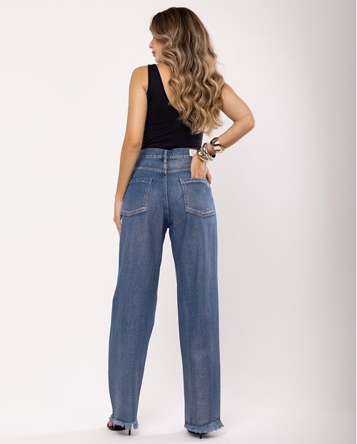 Calça Jeans Wide Leg Feminina Cintura Alta Cowboy Perolada 23121 Perolada Média