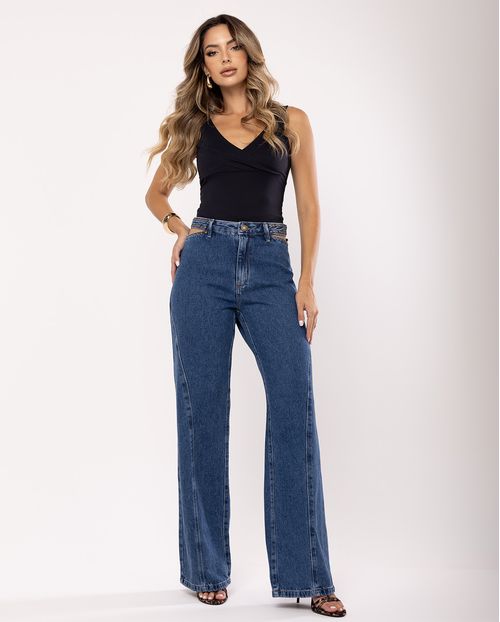 Calça Jeans Feminina Wide Leg Cut Out com Aplicação de Tachinhas 22599 Escura