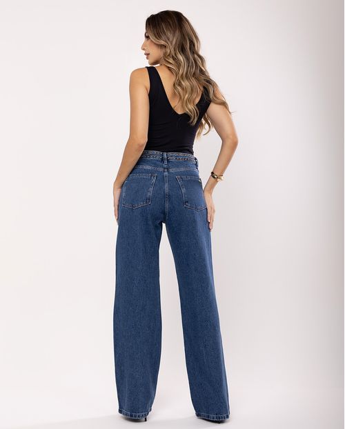 Calça Jeans Feminina Wide Leg Cut Out com Aplicação de Tachinhas 22599 Escura
