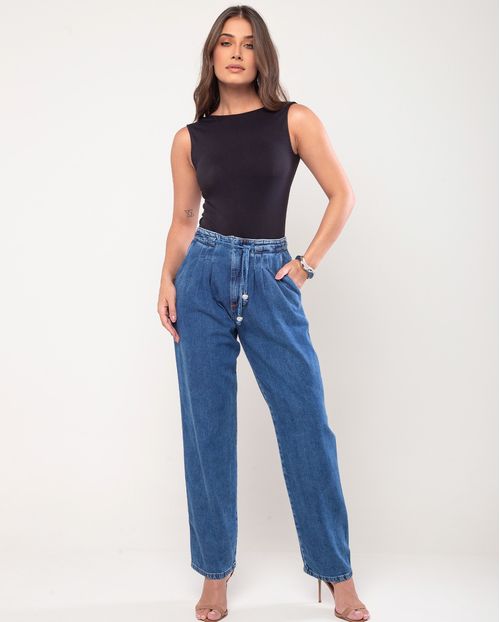 Calça Jeans Reta Feminina Cintura Alta com Cordão 24248 Médio/escuro