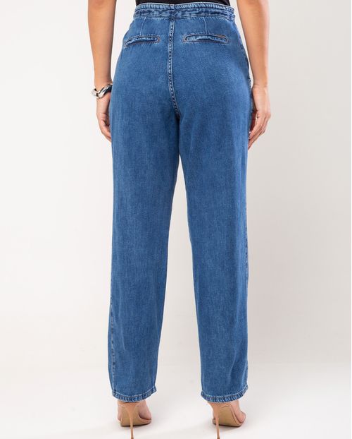 Calça Jeans Reta Feminina Cintura Alta com Cordão 24248 Médio/escuro