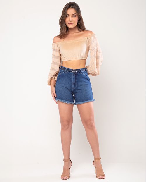 Shorts Jeans Mom Feminino Cintura Alta com Cinto 23949 Amaciado com Used