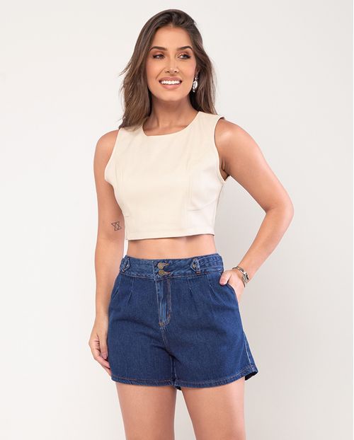 Shorts Jeans Mom Feminino Cintura Alta Detalhe Cós 24255 Escura