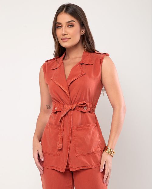 Colete Sarja Feminino Alongado com Cinto 24262 Telha
