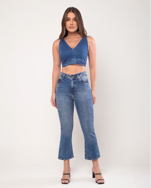Calça Jeans Cropped Flare Feminina Cintura Média Básica 23623 Sujinha