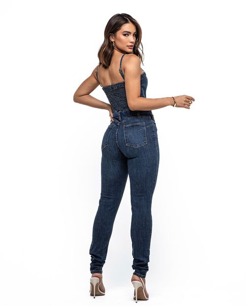 Macacão Jeans Feminino com Alça Removível e Cinto 24473 Escura