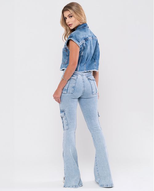 Calça Jeans Boot Cut Cargo Feminina Cintura Alta Abertura Lateral Na Barra 23349 Clara