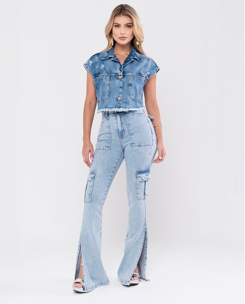 Calça Jeans Boot Cut Cargo Feminina Cintura Alta Abertura Lateral Na Barra 23349 Clara