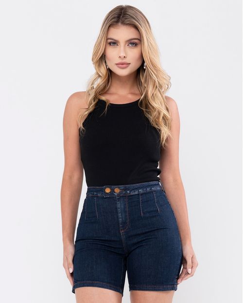 Bermuda Jeans Meia Coxa Feminina Cintura Média Detalhe Cós 24192 Amaciado