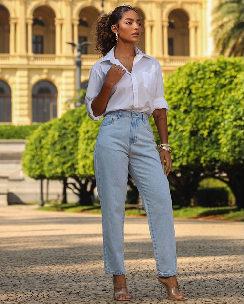 Calça Jeans Mom Feminina Cintura Alta Algodão 00101 Sky Claro