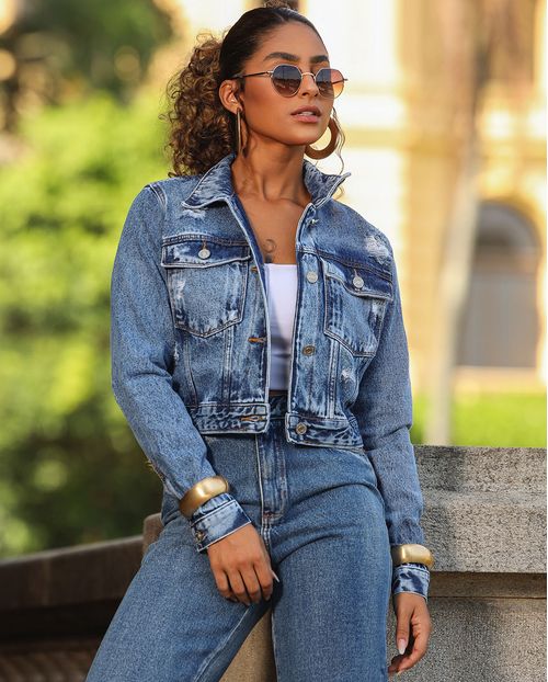 Jaqueta Jeans Cropped Feminina Básica 23552 Sky Médio