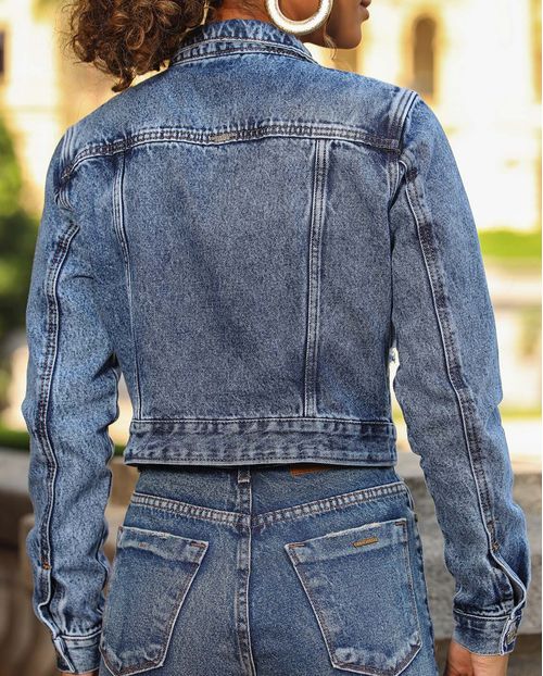 Jaqueta Jeans Cropped Feminina Básica 23552 Sky Médio