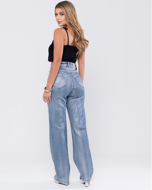Calça Jeans Wide Leg Feminina Cintura Alta com Aplicação de Foil 24348 Fundo Escuro com Foil Prata