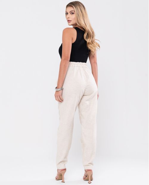 Calça Linho Slouchy Feminina Cintura Alta Detalhe Prega 23777 Linho