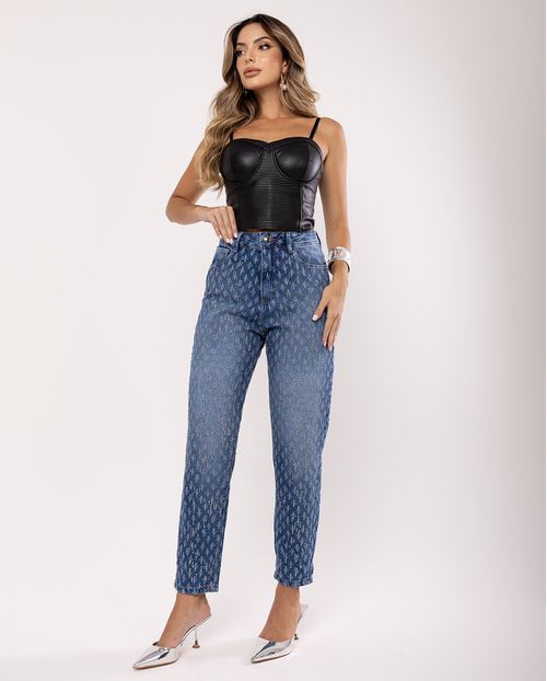 Calça Jeans Feminina Mom  com Puídos e Strass 22087 Escura