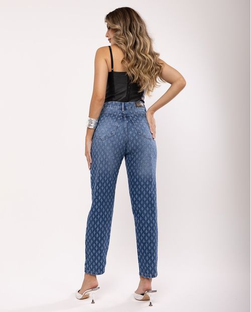 Calça Jeans Feminina Mom  com Puídos e Strass 22087 Escura