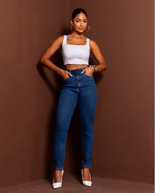 Calça Jeans Mom Feminina com Elastano e Cinto Revestido 00217 Escura