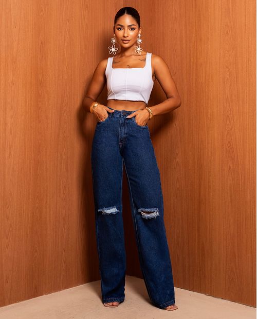 Calça Jeans Wide Leg Feminina Cintura Alta Rasgos No Joelho 29018 Escura