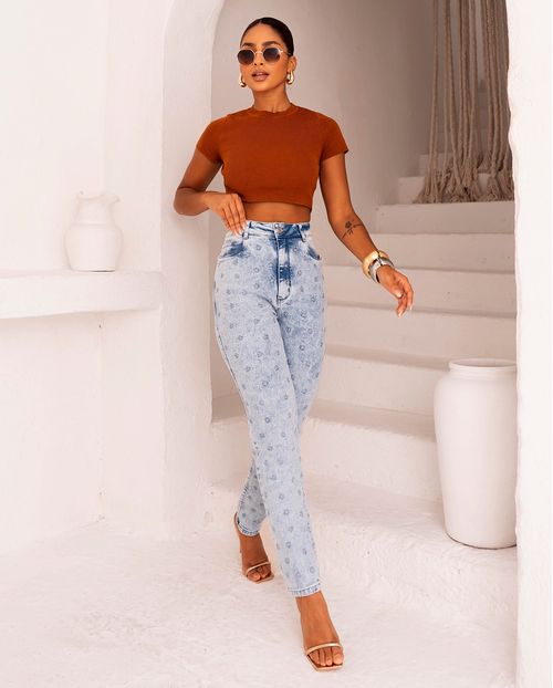 Calça Jeans Mom Feminina Cintura Alta Bordado Estrela 23750 Sky