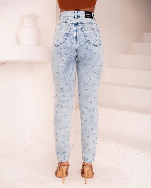 Calça Jeans Mom Feminina Cintura Alta Bordado Estrela 23750 Sky