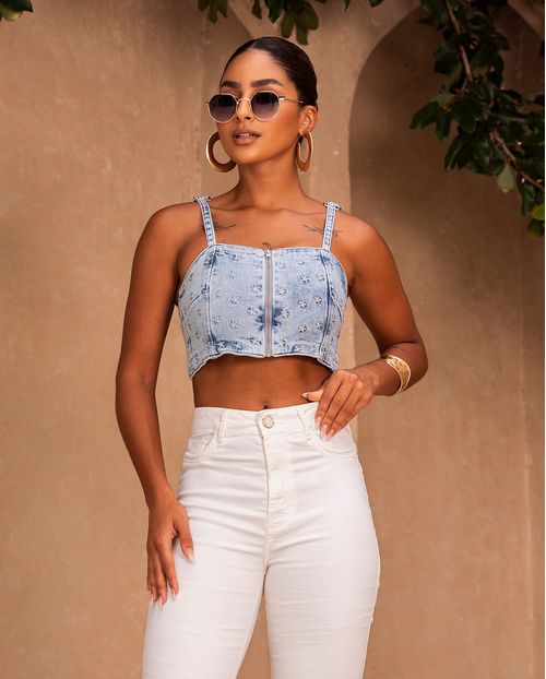 Top Jeans com Zíper Frontal e Bordado Estrela 23945 Sky