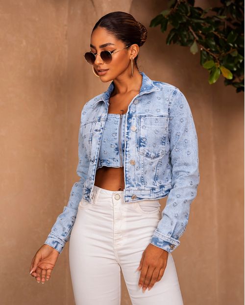 Jaqueta Jeans Cropped Feminina Bordado de Estrelas 23845 Sky
