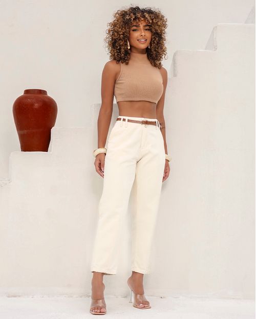 Calça Jeans Slouchy Feminina Cós Revel com Cinto 23929 Off White