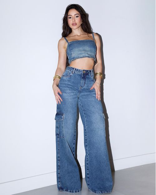 Calça Jeans Wide Leg Feminina Cargo Relaxed Cintura Baixa 29214 Medio Vintage